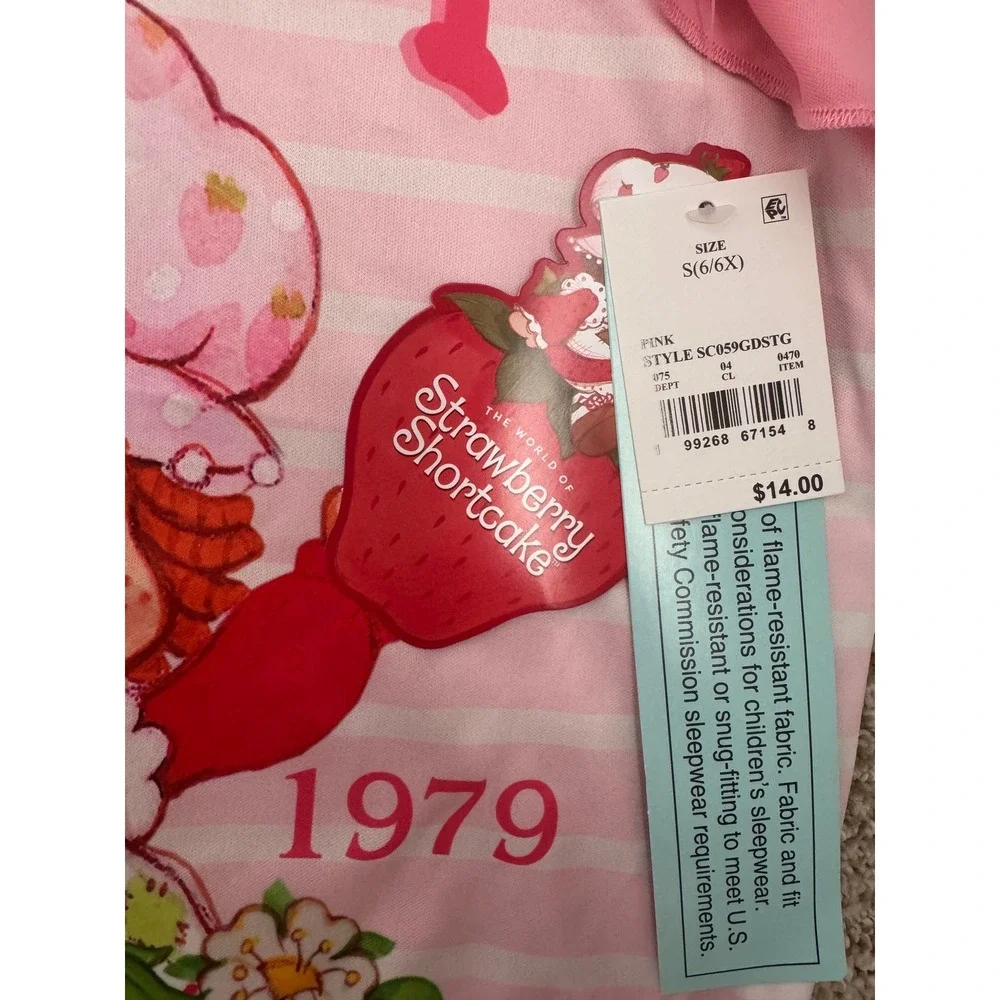 Strawberry Shortcake Girls Pink Striped Ruffle Nightgown Sleep Dress S 6/6X NEW
